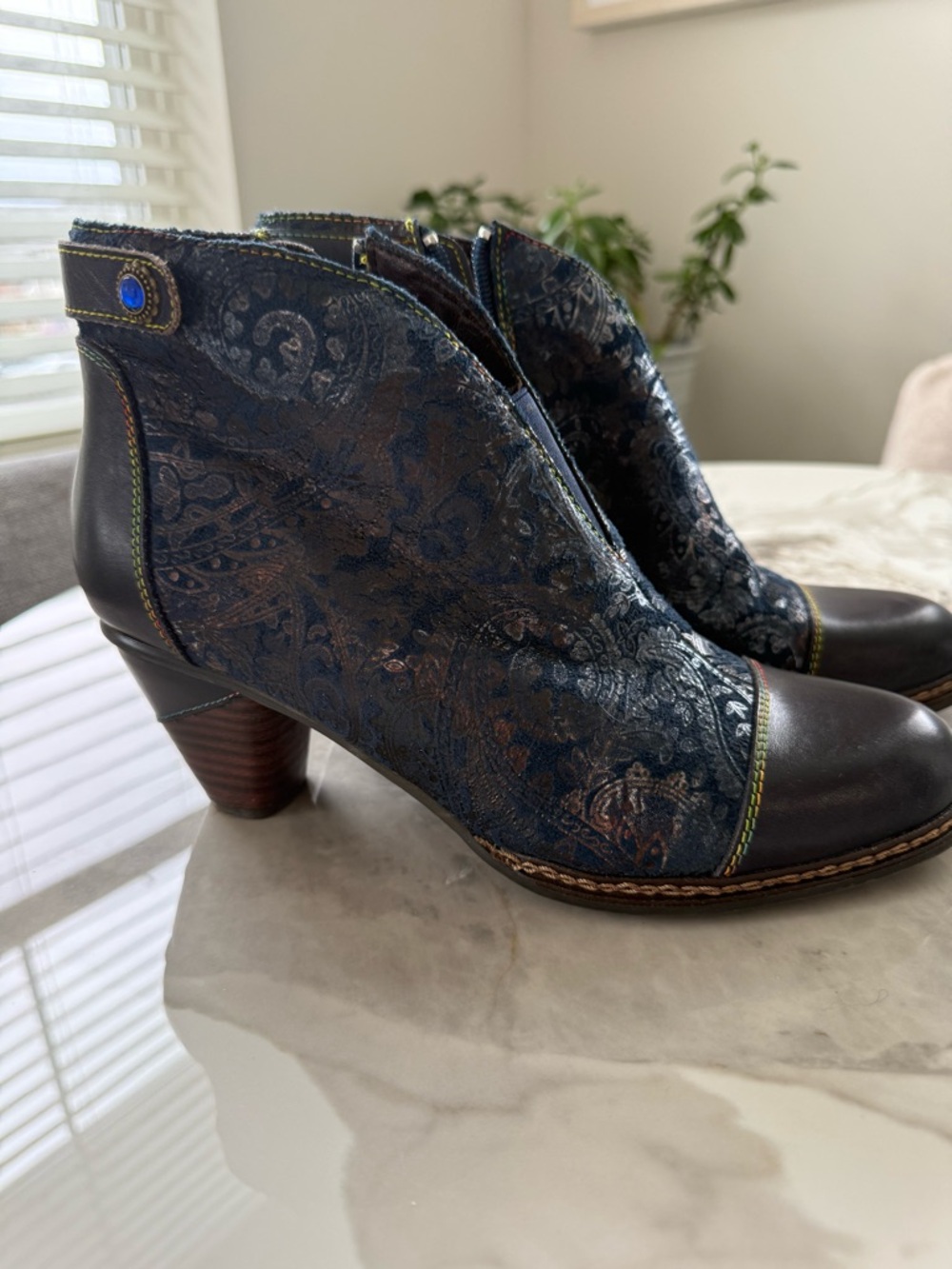 Floral Embossed Navy Ankle Booties with Dark Toe